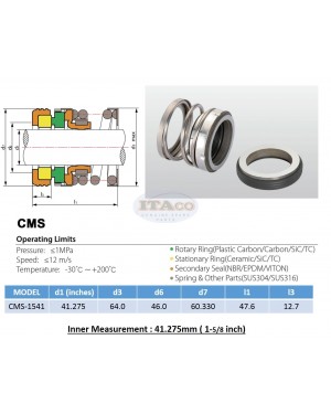 Mechanical Water Pump Seal WIN 1 5/8" 1.625 inch " 41.275MM Blower Diving Circulating TS560A Rotary Ring Plastic Carbon SiC TC Spring Stationary Ring Cermaic Seal CMS Engine