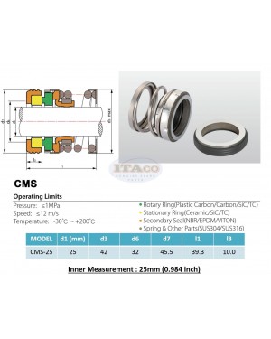 Mechanical Water Pump Shaft Seal Kit WIN 25MM Secondary Seal Ceramic Ring SiC TC 45.5MM Blower Diving Circulating TS560A Rotary Ring Plastic Carbon Spring CMS Engine